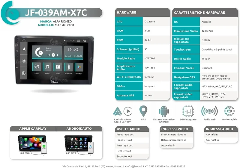 JF SOUND JF-039AM-X7C-PRO – Autoradio Android 9" HD pour Alfa Romeo Mito