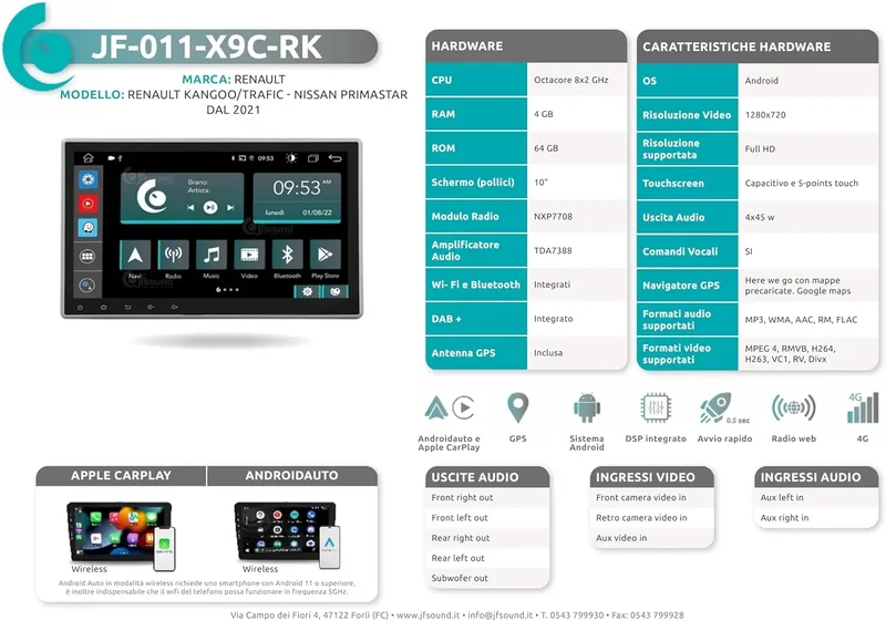 JF SOUND JF-011-X9C-RK-PRO – Autoradio Android 10" HD pour Renault Kangoo / Trafic / Nissan Primastar-PRO
