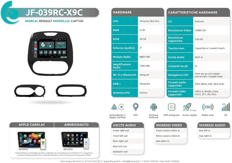 JF SOUND F-039RC-X9C-1-PRO – Système multimédia Android pour Renault Captur (2013–2016)
