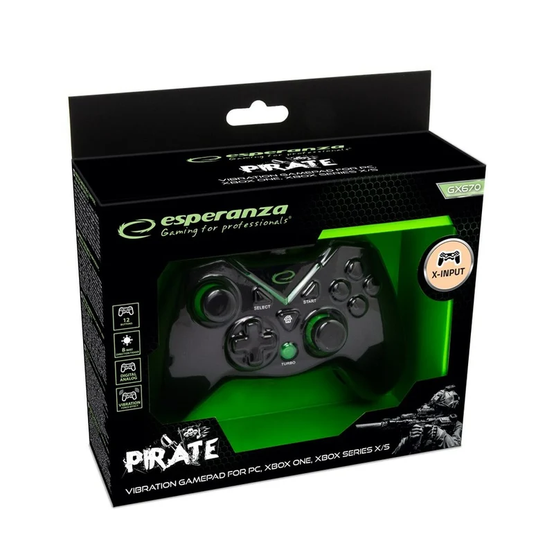 Contrôle de jeu Esperanza Pirate EGG114K USB 2.0 Noir Vert Microsoft Xbox One PC Xbox Series X Xbox Series S