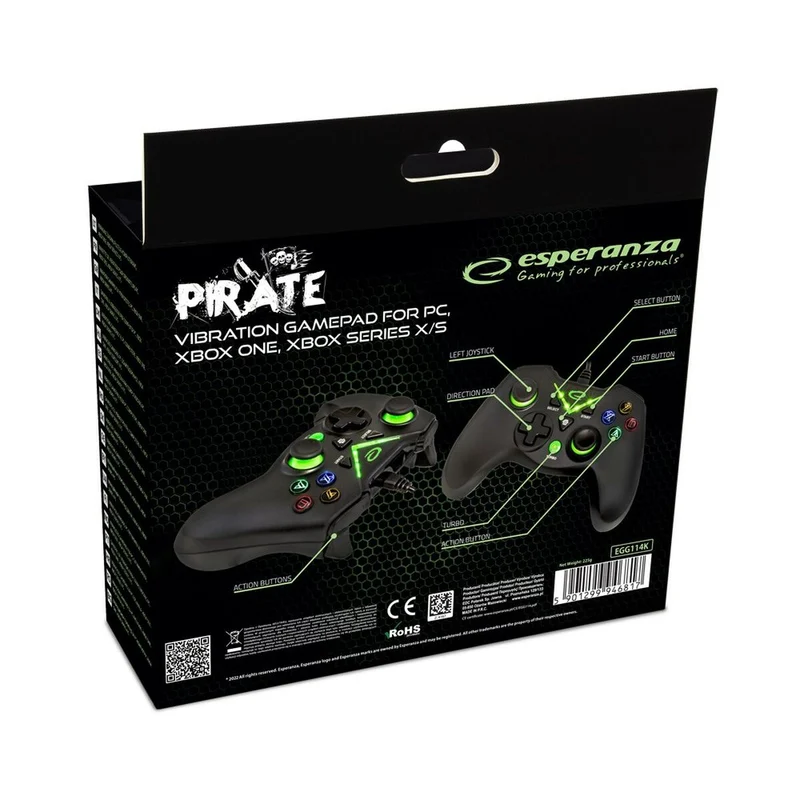 Contrôle de jeu Esperanza Pirate EGG114K USB 2.0 Noir Vert Microsoft Xbox One PC Xbox Series X Xbox Series S