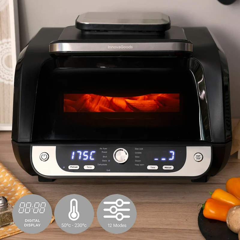 Friteuse à air avec grill, accessoires et livre de recettes InnovaGoods Fryinn 12-en-1 6000 acier noir 3400 W 6 L