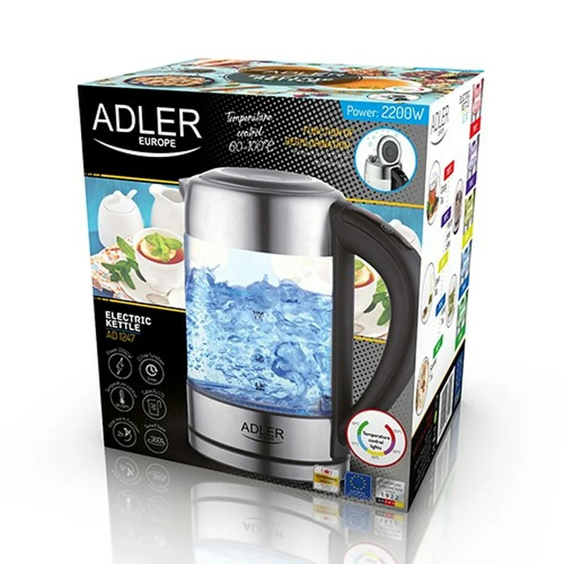 Bouilloire Adler AD 1247 cristal acier gris verre 2200 W 1,7 L