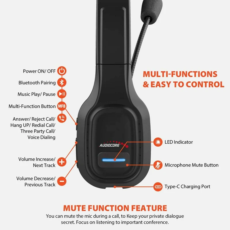 Casque Bluetooth avec microphone AudioCore AC864