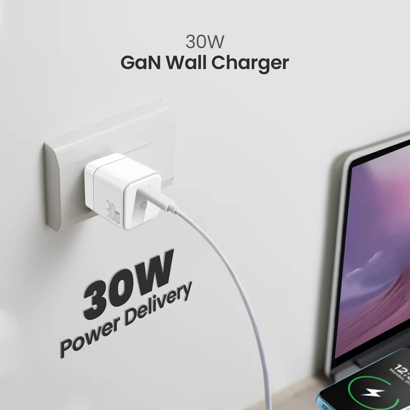 Chargeur mural 30W GaN avec câble 100W Type C vers Type C - Blanc