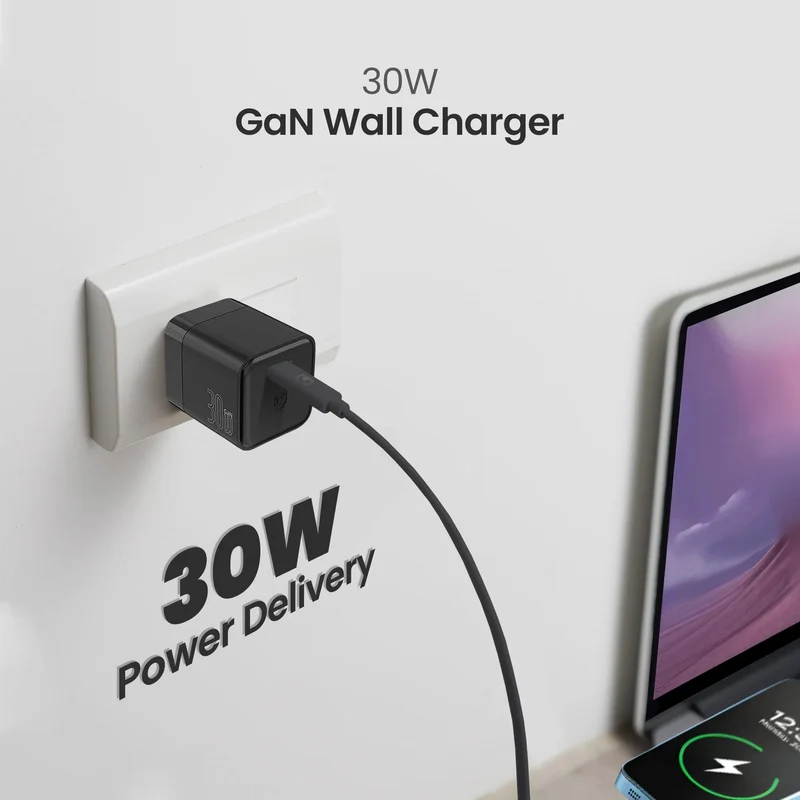Chargeur mural 30W GaN avec câble 100W Type C vers Type C - Noir