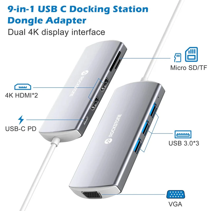 Hub HDMI double USB-C 9-en-1 de Rockstone