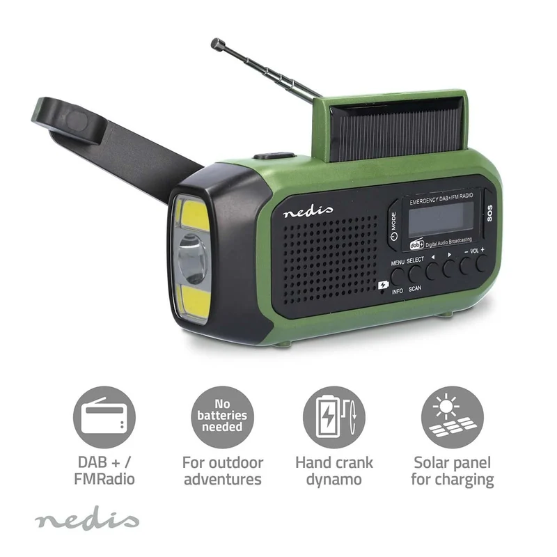 Noodradio Draagbaar Model - DAB+ / FM - Batterij Gevoed / Handslinger / Solar Powered / USB Gevoed