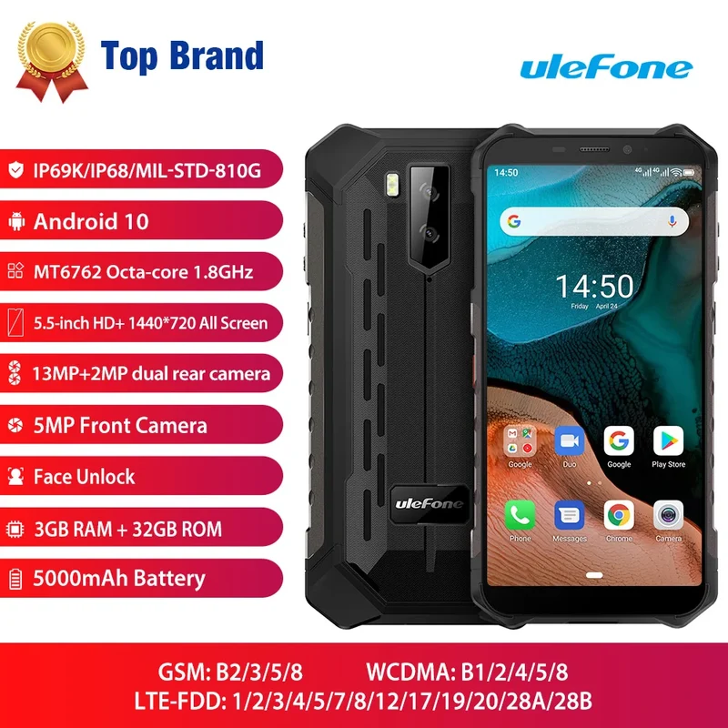 Smartphone Ulefone Armor X5, 3 Go + 32 Go Rapide Etanche Robuste