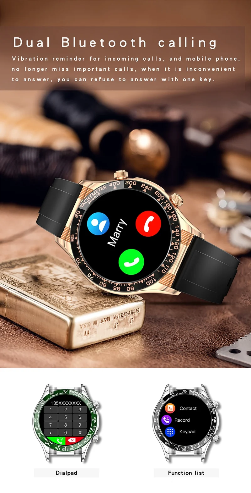 Montre connectée style luxe pour hommes, appels BT, NFC