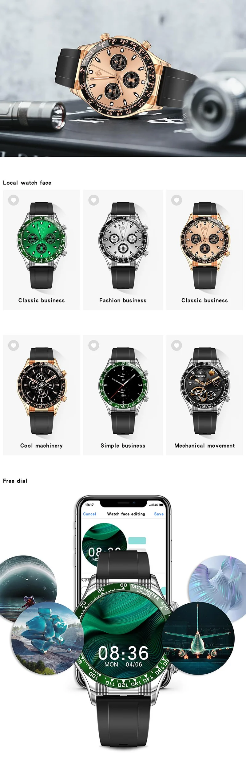 Montre connectée style luxe pour hommes, appels BT, NFC