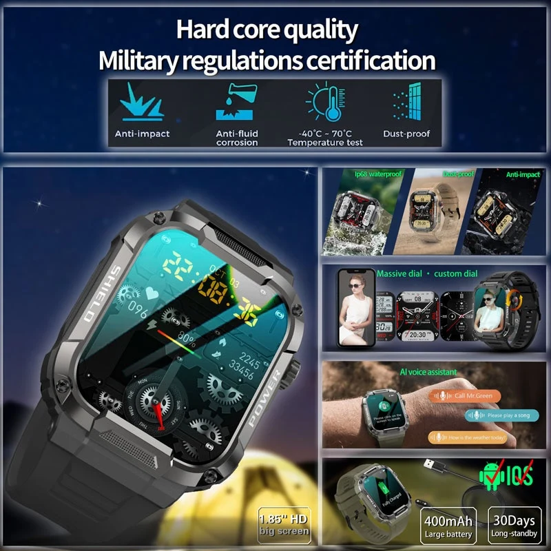 Montre Militaire Robuste Ip68 Waterproof Bluetooth Call MK66