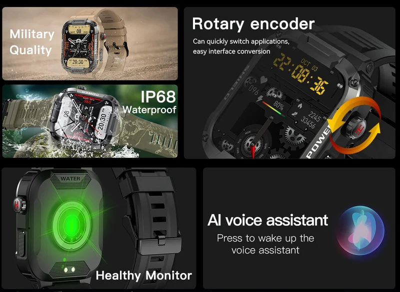Montre Militaire Robuste Ip68 Waterproof Bluetooth Call MK66