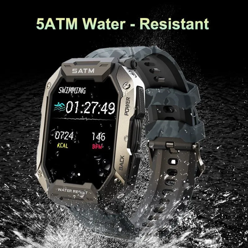 Montre connectée style militaire tactile complète IP68 étanche 5 Atm, pour hommes.