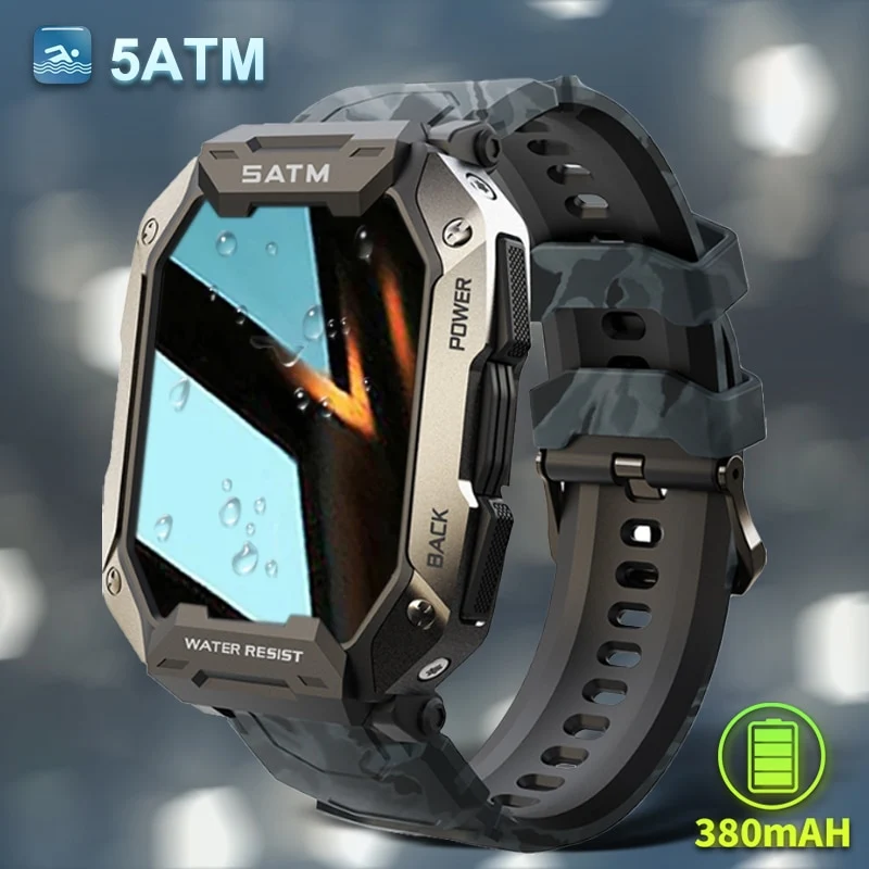 Montre connectée style militaire tactile complète IP68 étanche 5 Atm, pour hommes.