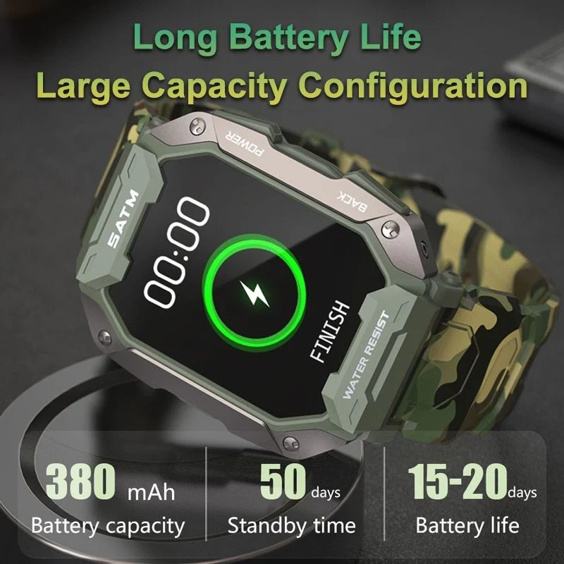 Montre connectée style militaire tactile complète IP68 étanche 5 Atm, pour hommes.