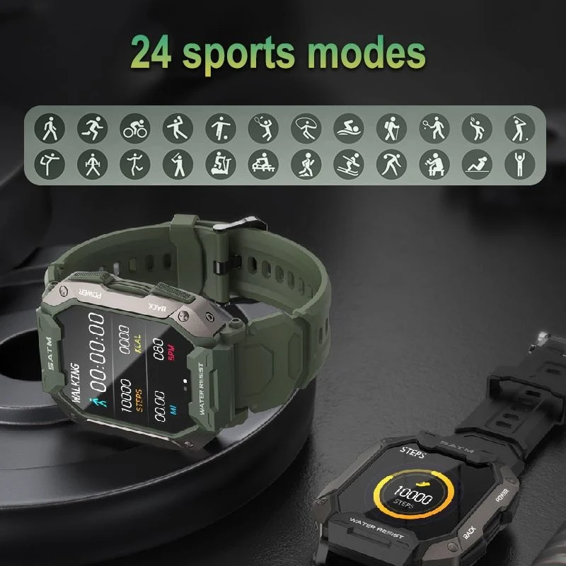 Montre connectée style militaire tactile complète IP68 étanche 5 Atm, pour hommes.