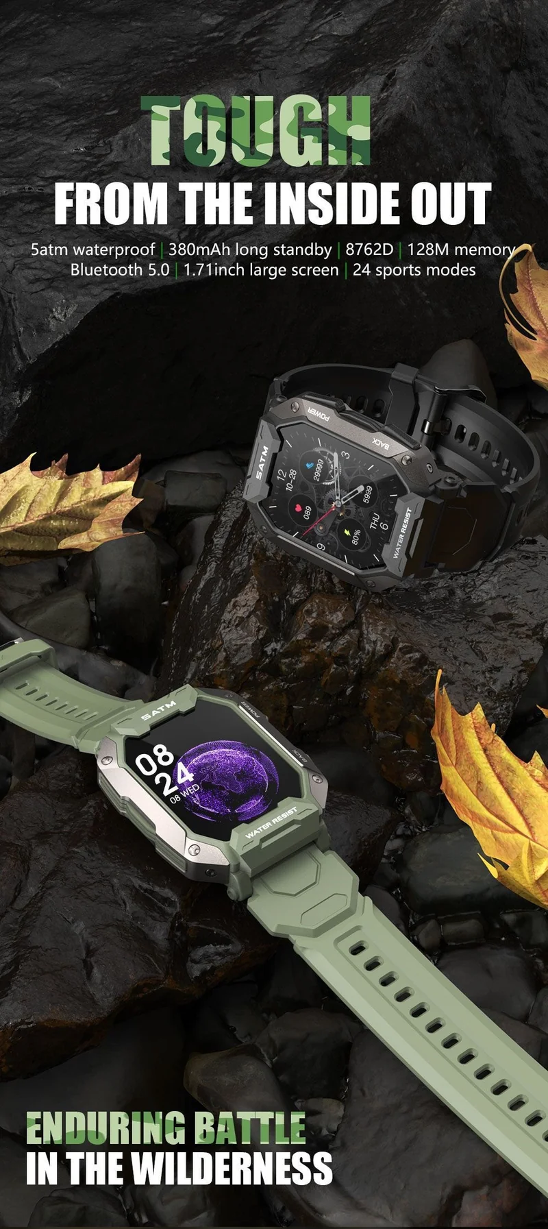 Montre connectée style militaire tactile complète IP68 étanche 5 Atm, pour hommes.
