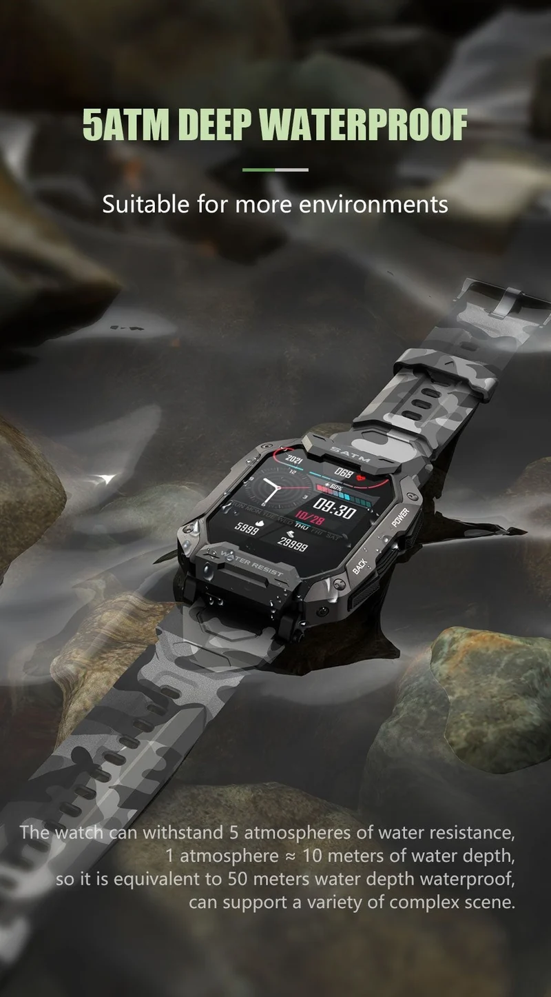 Montre connectée style militaire tactile complète IP68 étanche 5 Atm, pour hommes.
