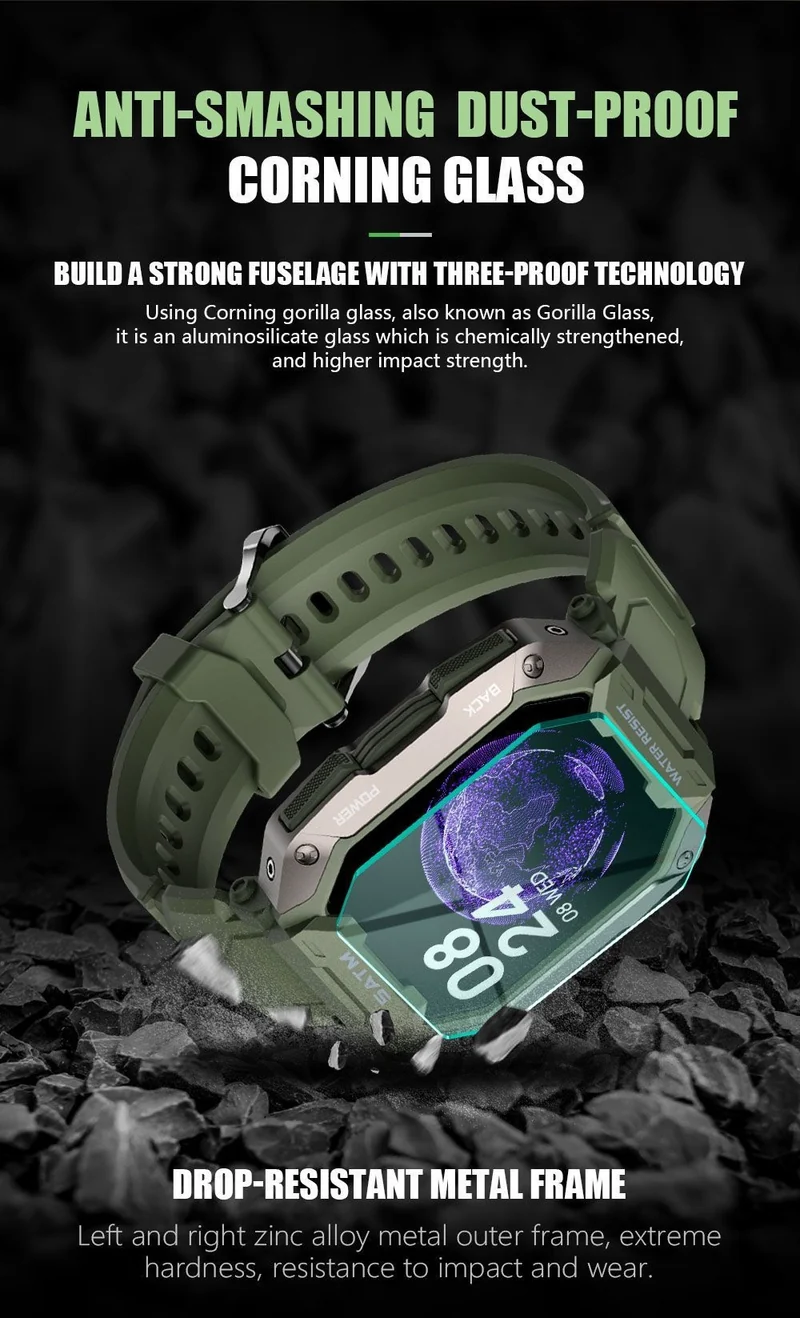Montre connectée style militaire tactile complète IP68 étanche 5 Atm, pour hommes.
