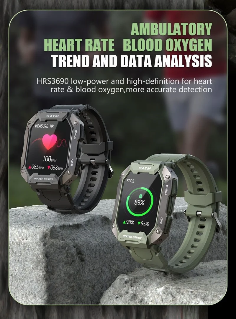Montre connectée style militaire tactile complète IP68 étanche 5 Atm, pour hommes.