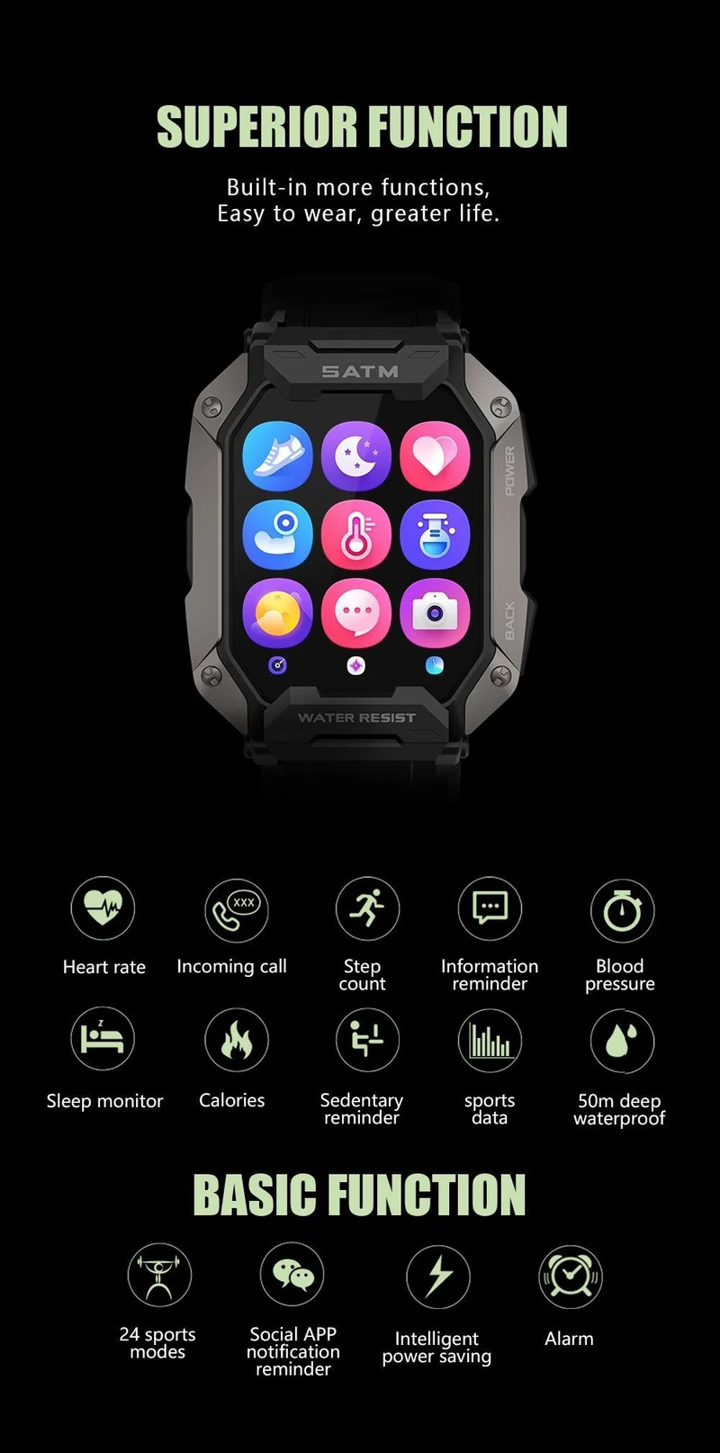 Montre connectée style militaire tactile complète IP68 étanche 5 Atm, pour hommes.