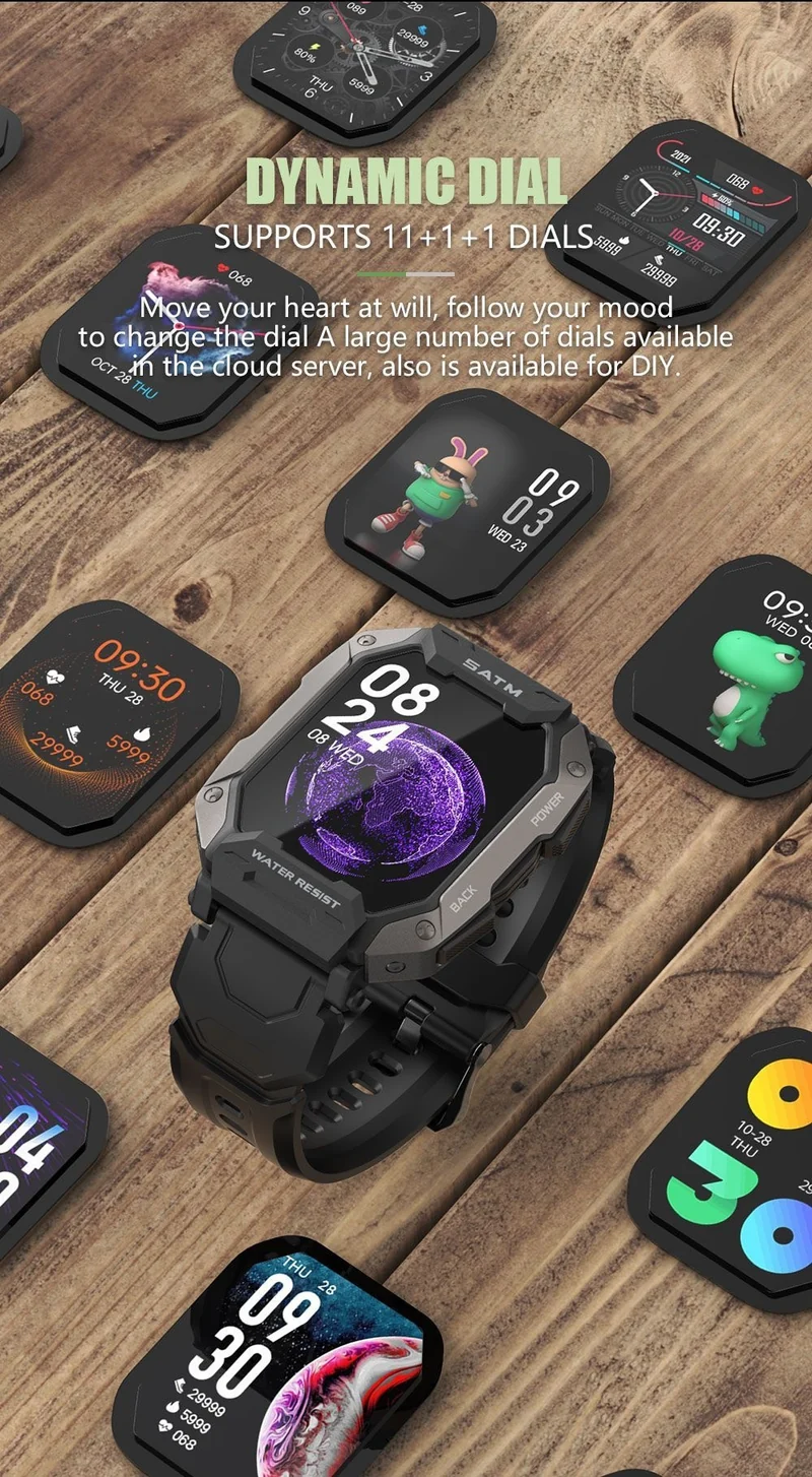 Montre connectée style militaire tactile complète IP68 étanche 5 Atm, pour hommes.