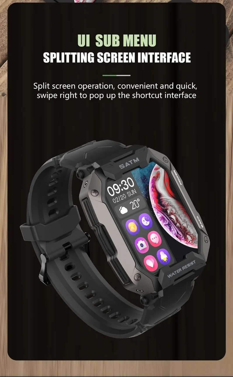 Montre connectée style militaire tactile complète IP68 étanche 5 Atm, pour hommes.