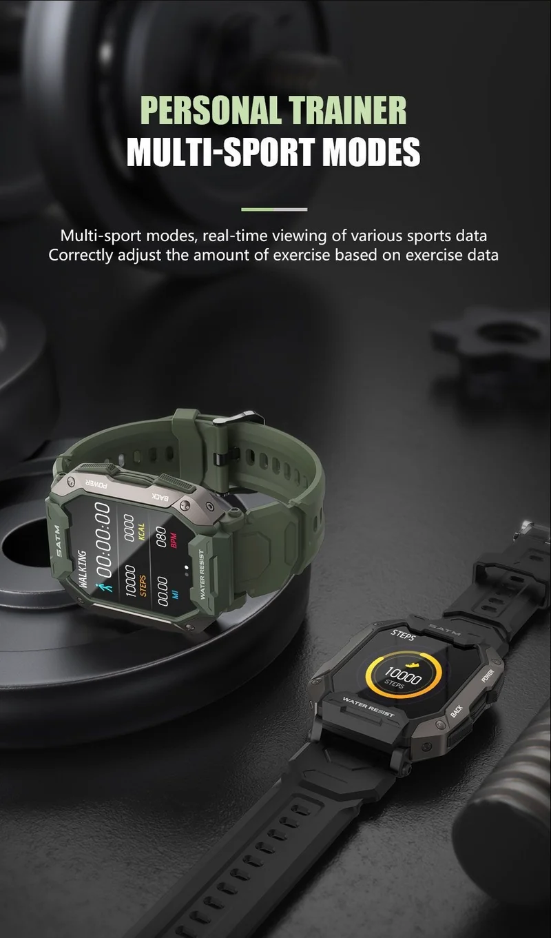 Montre connectée style militaire tactile complète IP68 étanche 5 Atm, pour hommes.