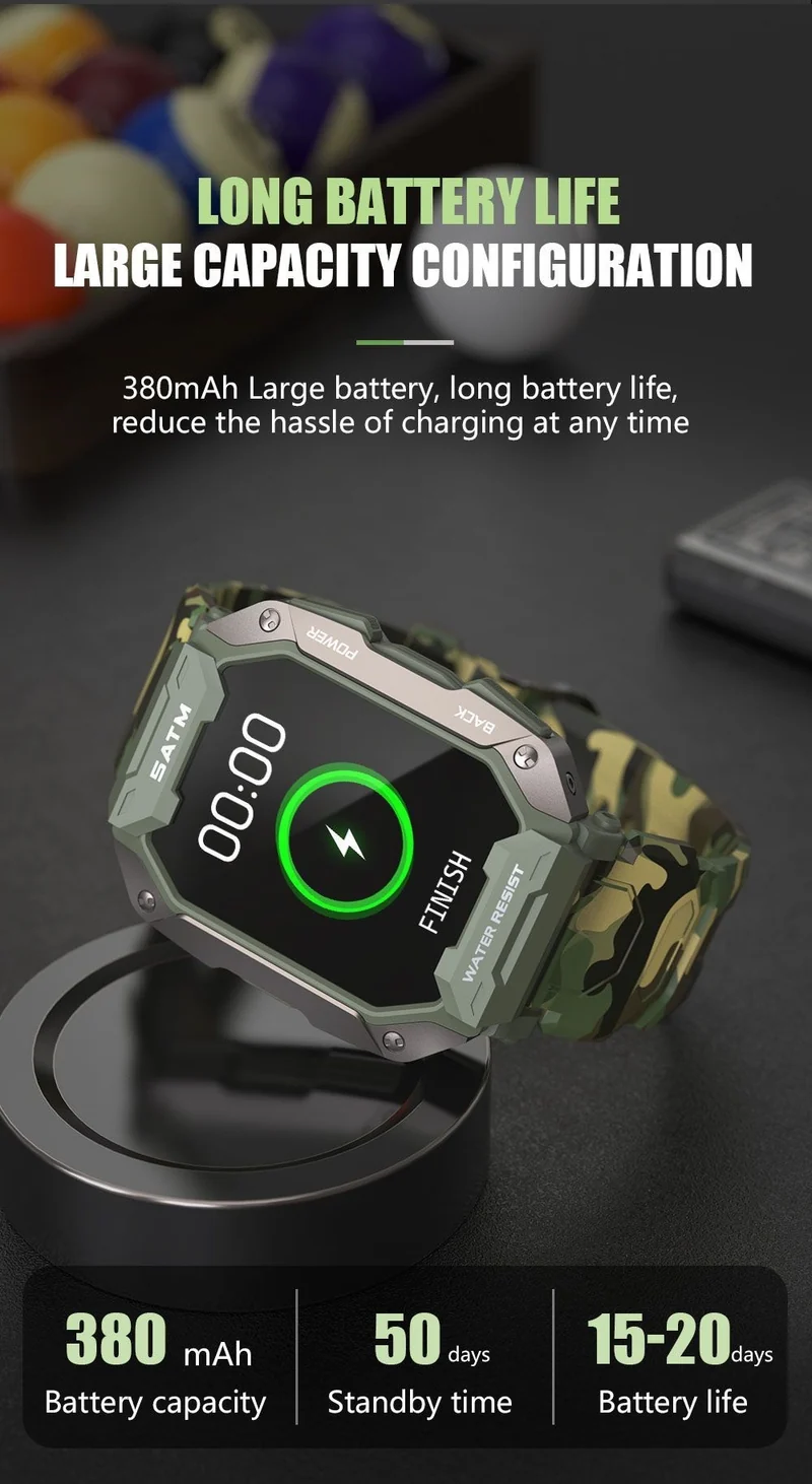 Montre connectée style militaire tactile complète IP68 étanche 5 Atm, pour hommes.