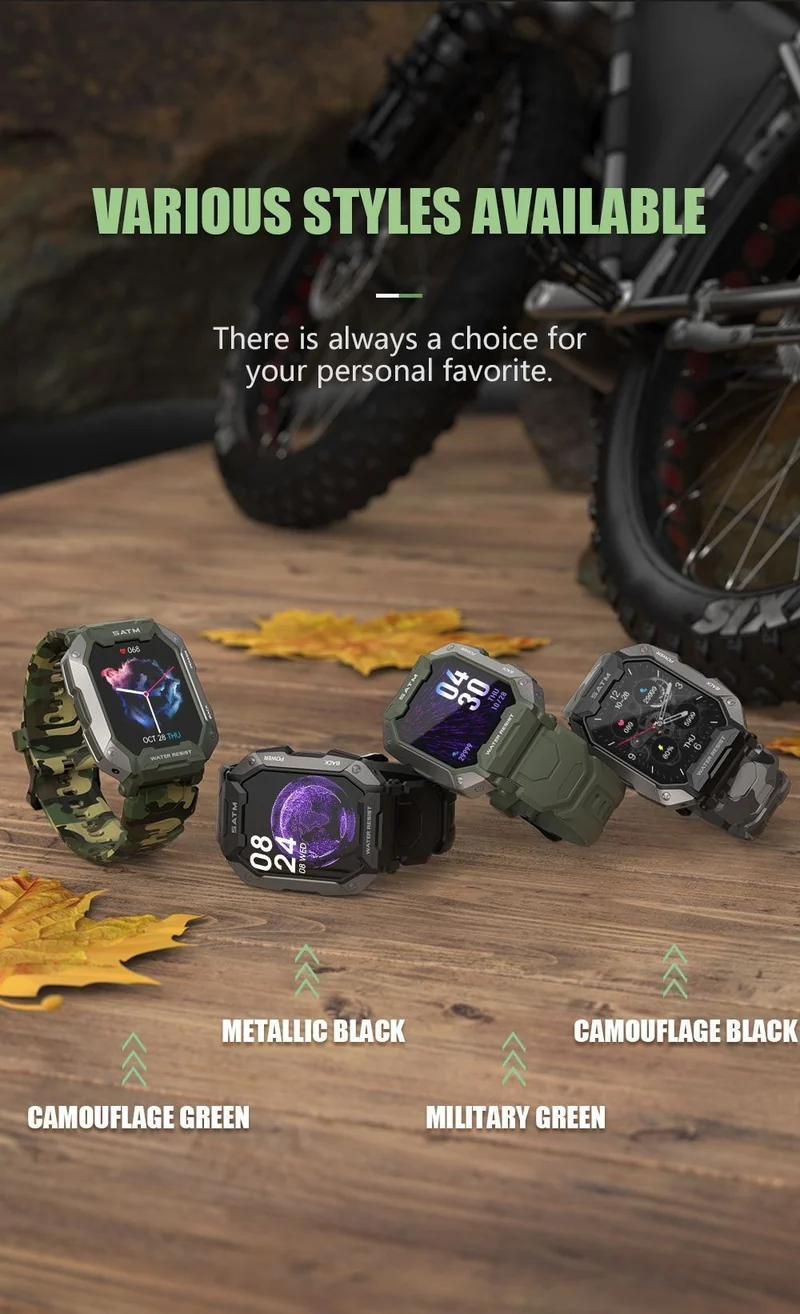 Montre connectée style militaire tactile complète IP68 étanche 5 Atm, pour hommes.