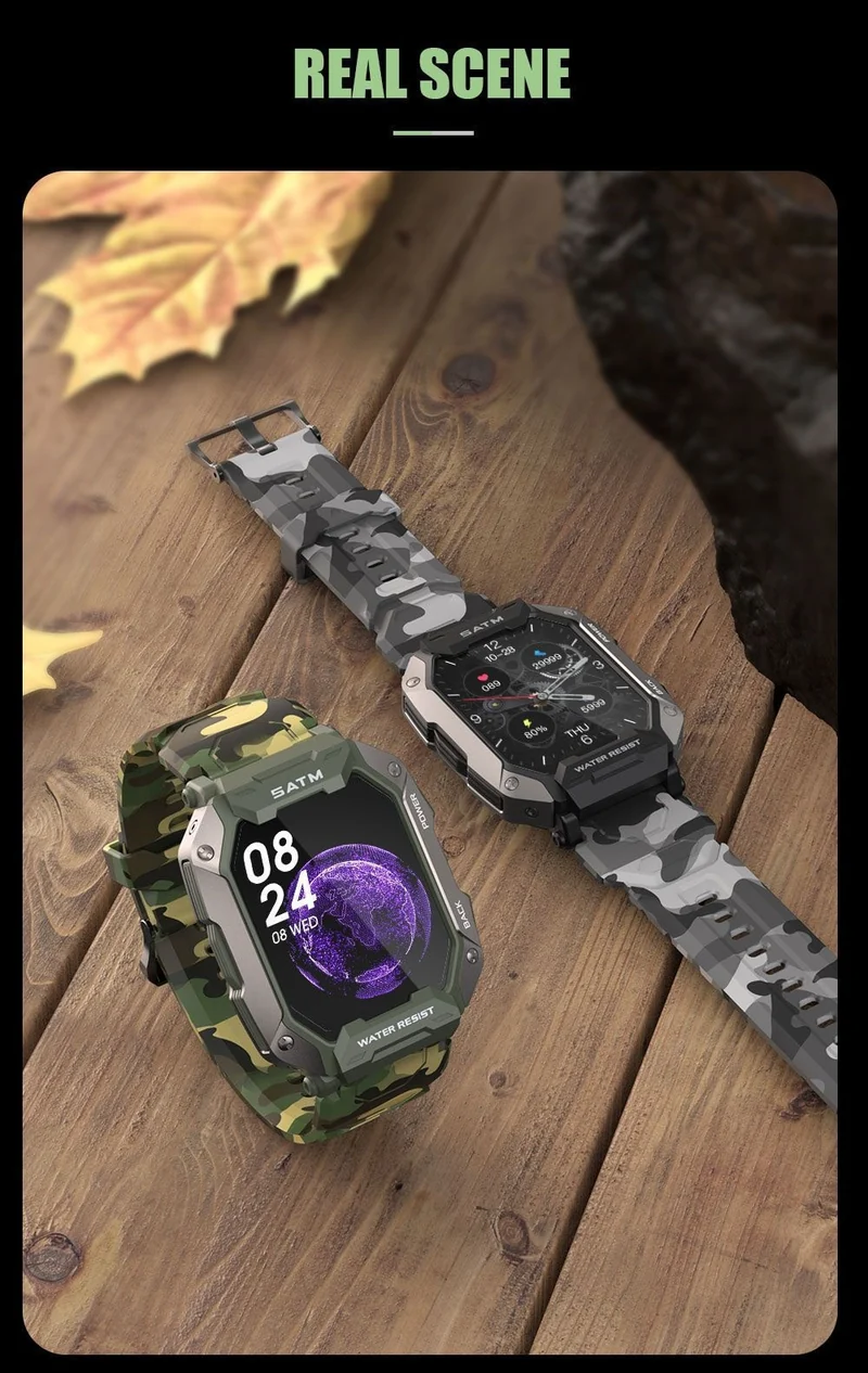 Montre connectée style militaire tactile complète IP68 étanche 5 Atm, pour hommes.