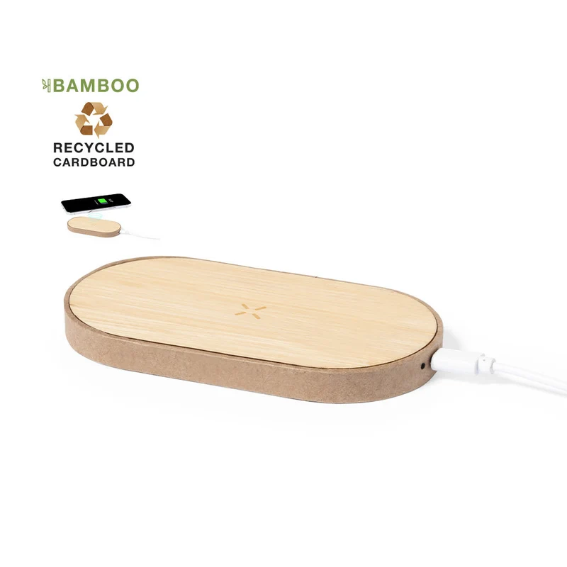 Chargeur sans fil 10w avec base en carton recyclé et surface de charge en bambou TEDEY
