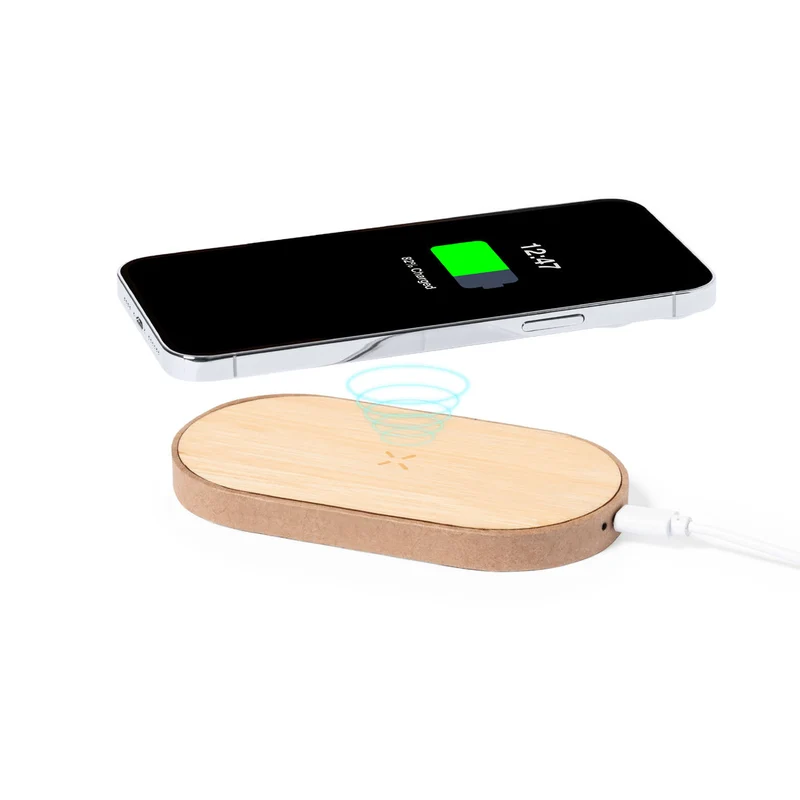 Chargeur sans fil 10w avec base en carton recyclé et surface de charge en bambou TEDEY