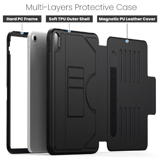 Etui Protection Intégrale en cuir noir avec couvercle intelligent
