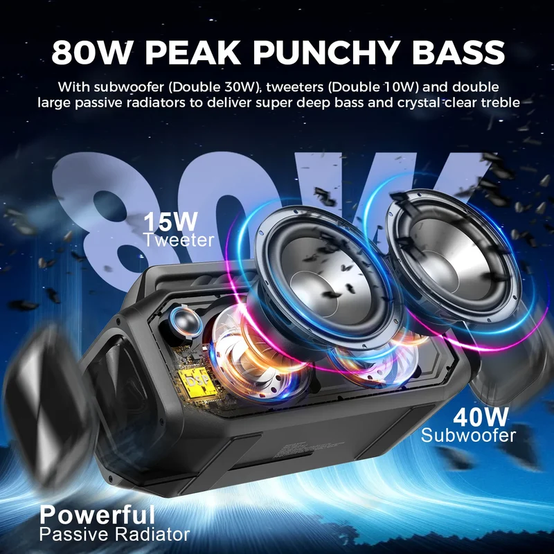 W-KING BT261-2 60W RMS Outdoor Bluetooth Party Speaker with Deep Bass (80W Peak)