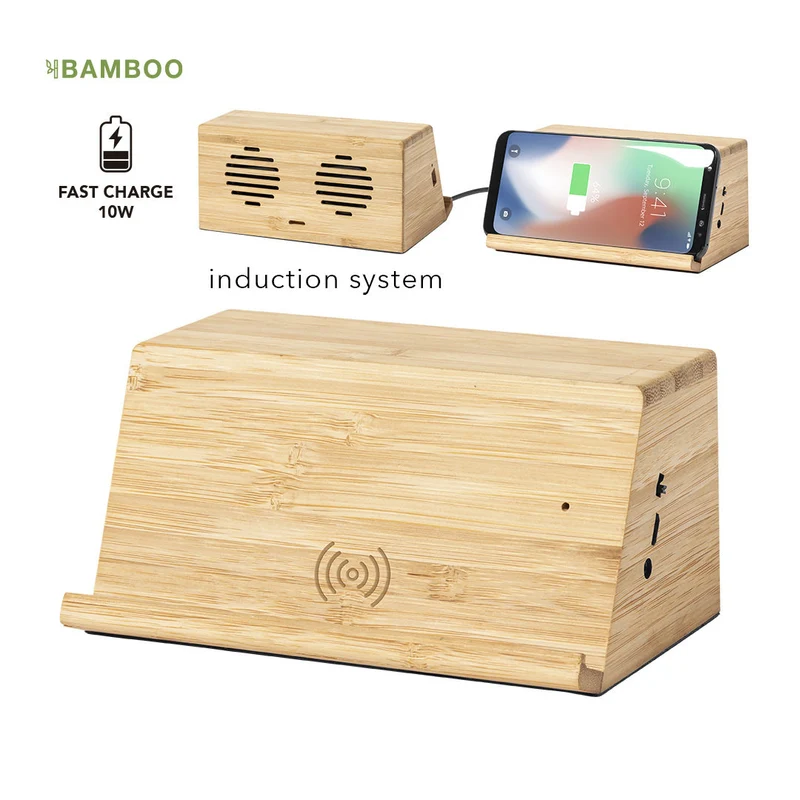 Enceinte avec chargeur puissance sonore 3w x2, batterie 1200 mAh en bambou ZAPHIR