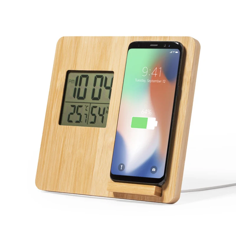 Station météo avec chargeur de charge sans fil 10w intégré en bambou FIORY