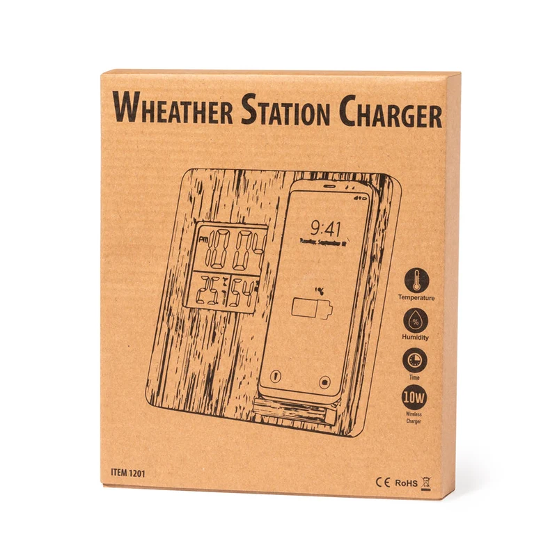 Station météo avec chargeur de charge sans fil 10w intégré en bambou FIORY