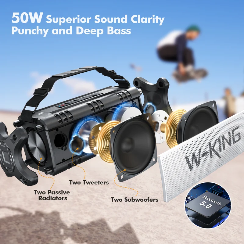 W-KING D8 50W RMS Outdoor Bluetooth Speaker with Deep Bass (90W Peak)