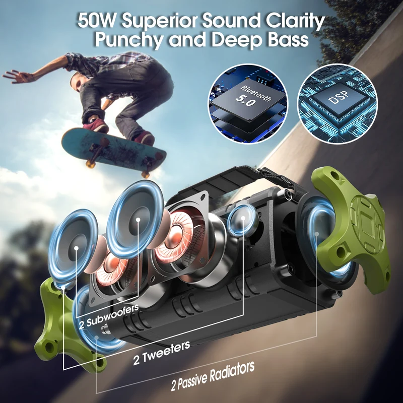 W-KING D8 50W RMS Outdoor Bluetooth Speaker with Deep Bass (90W Peak)