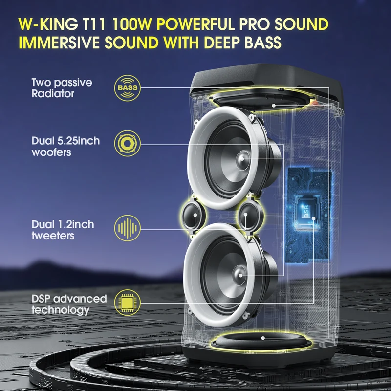 W-KING T11 100W RMS Loud Bluetooth Party Speaker for Outdoor Events (240W Peak)