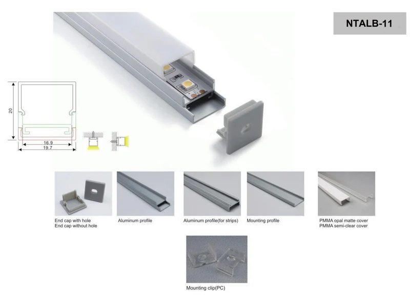 Profilé d'aluminium avec diffuseur NTALB-11 pour Ruban DEL lumineux 2 mètres