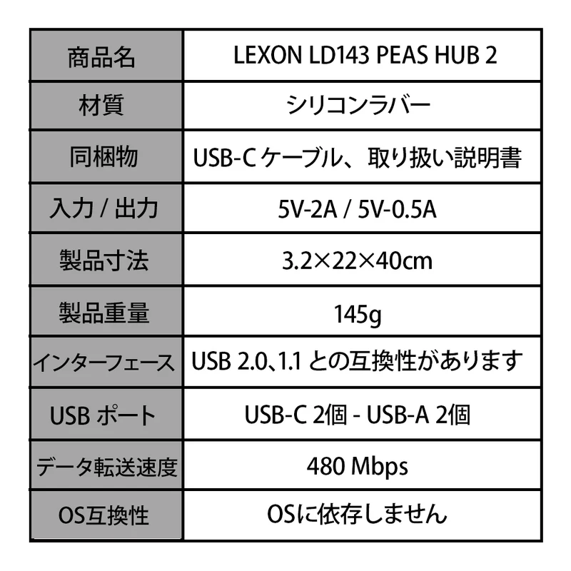 LEXON (レクソン) PEAS HUB2 4個口ハブ 2×USB・2×USB-C