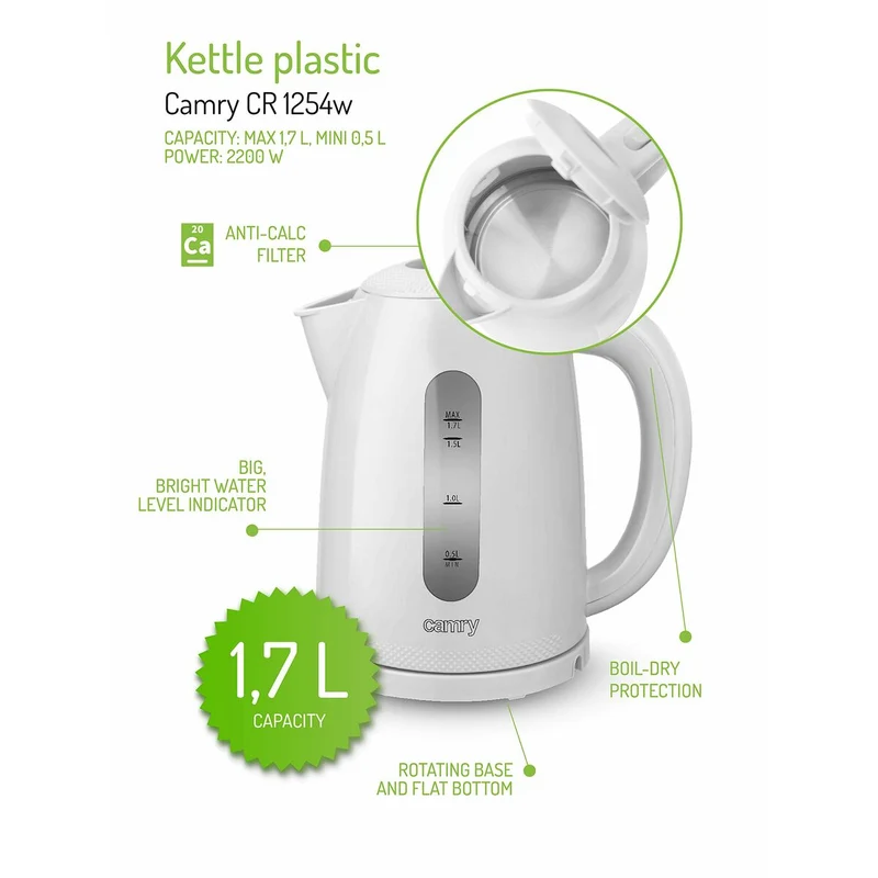 Bouilloire Adler CR 1254W Plastique Blanc 2200 W 1,7 L