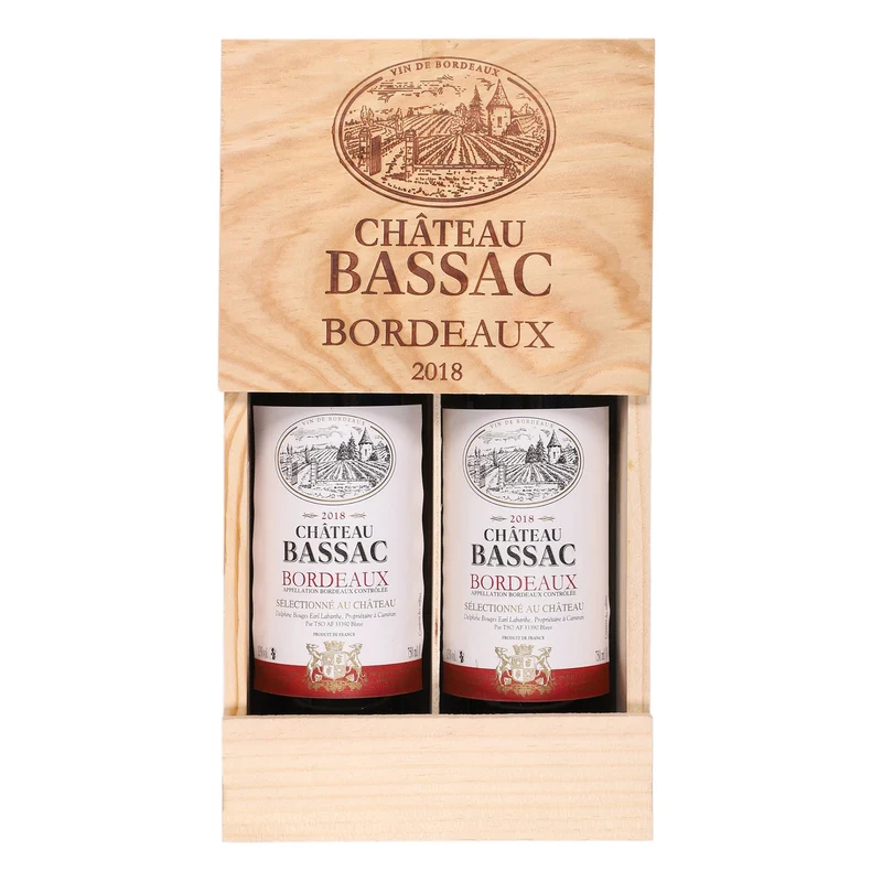 COFFRET BOIS 2 BOUTEILLES CHATEAU BASSAC BORDEAUX ROUGE