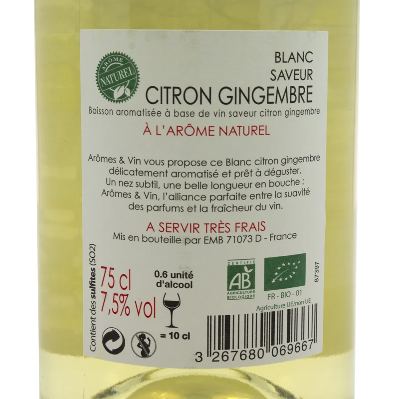 BOISSON À BASE DE VIN BLANC AROME CITRON GINGEMBRE 7.5% BIO